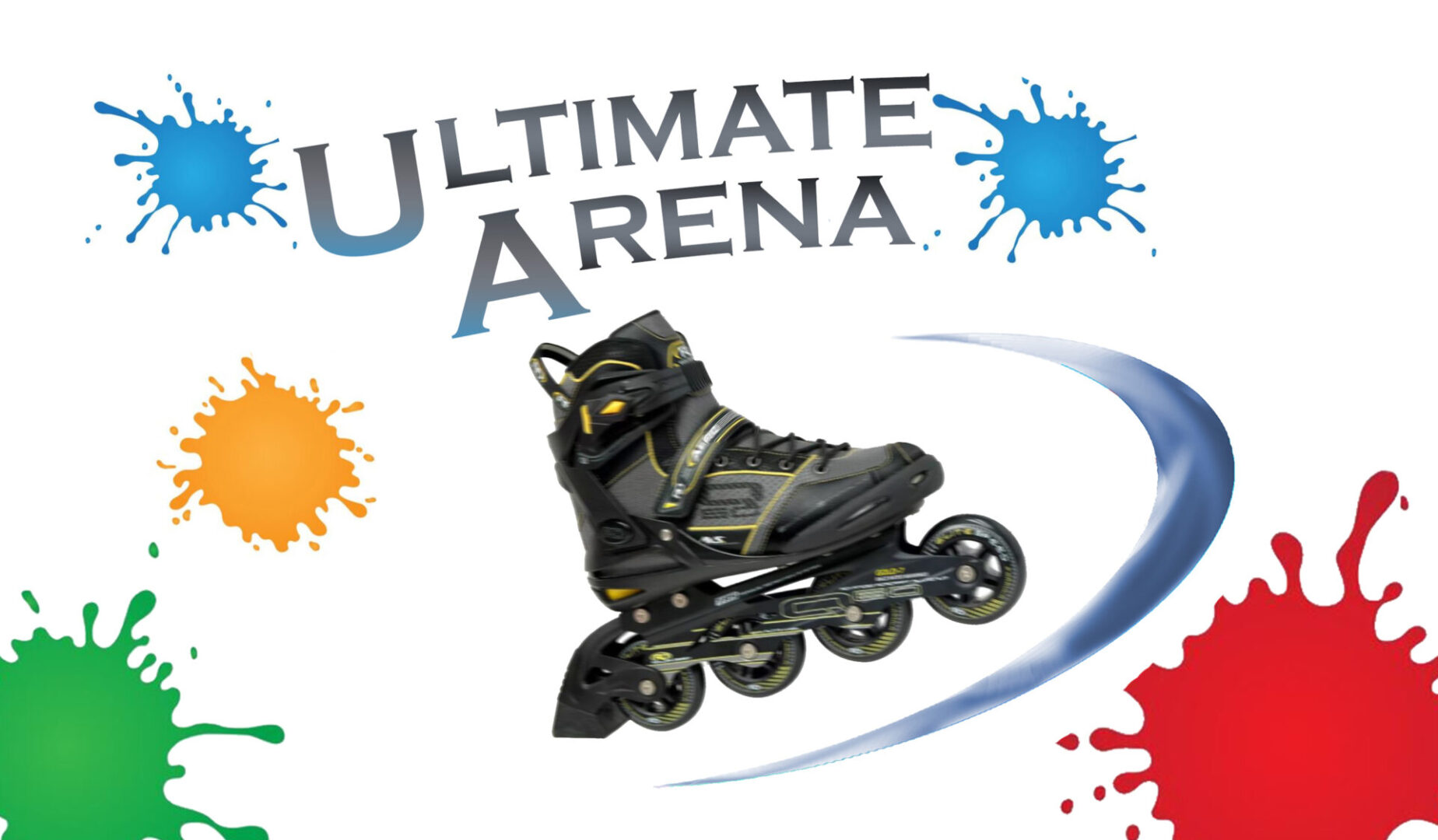 A black and yellow roller blade on the side of a white background.